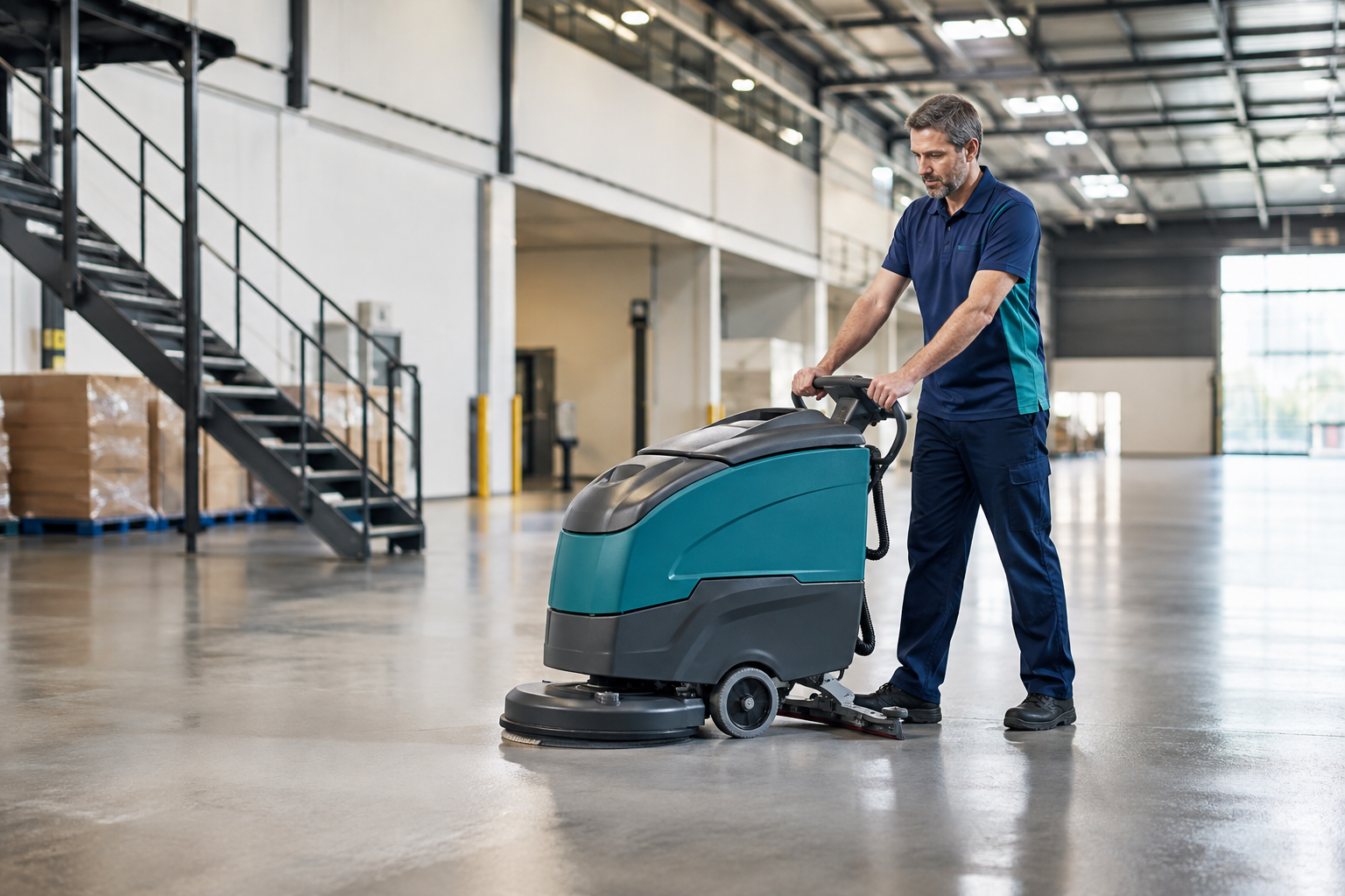 Professional cleaner using a floor scrubber in a commercial facility